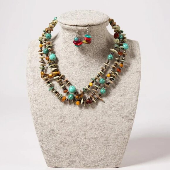 Three Strand Seashell Chips and Turquoise Stone Bead Necklace Earring Set - Picture 1 of 3